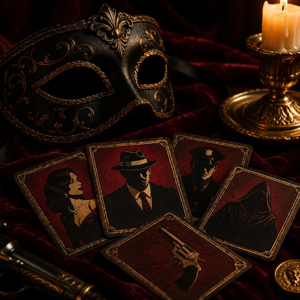 Mafia role cards and a masquerade mask by candlelight